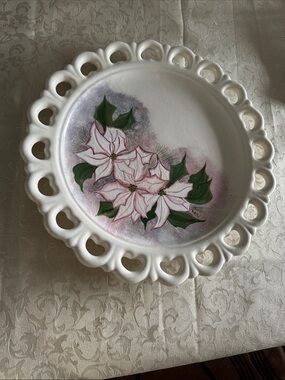 Hand-Painted White Decorative Plate with Pink Poinsettia Motif